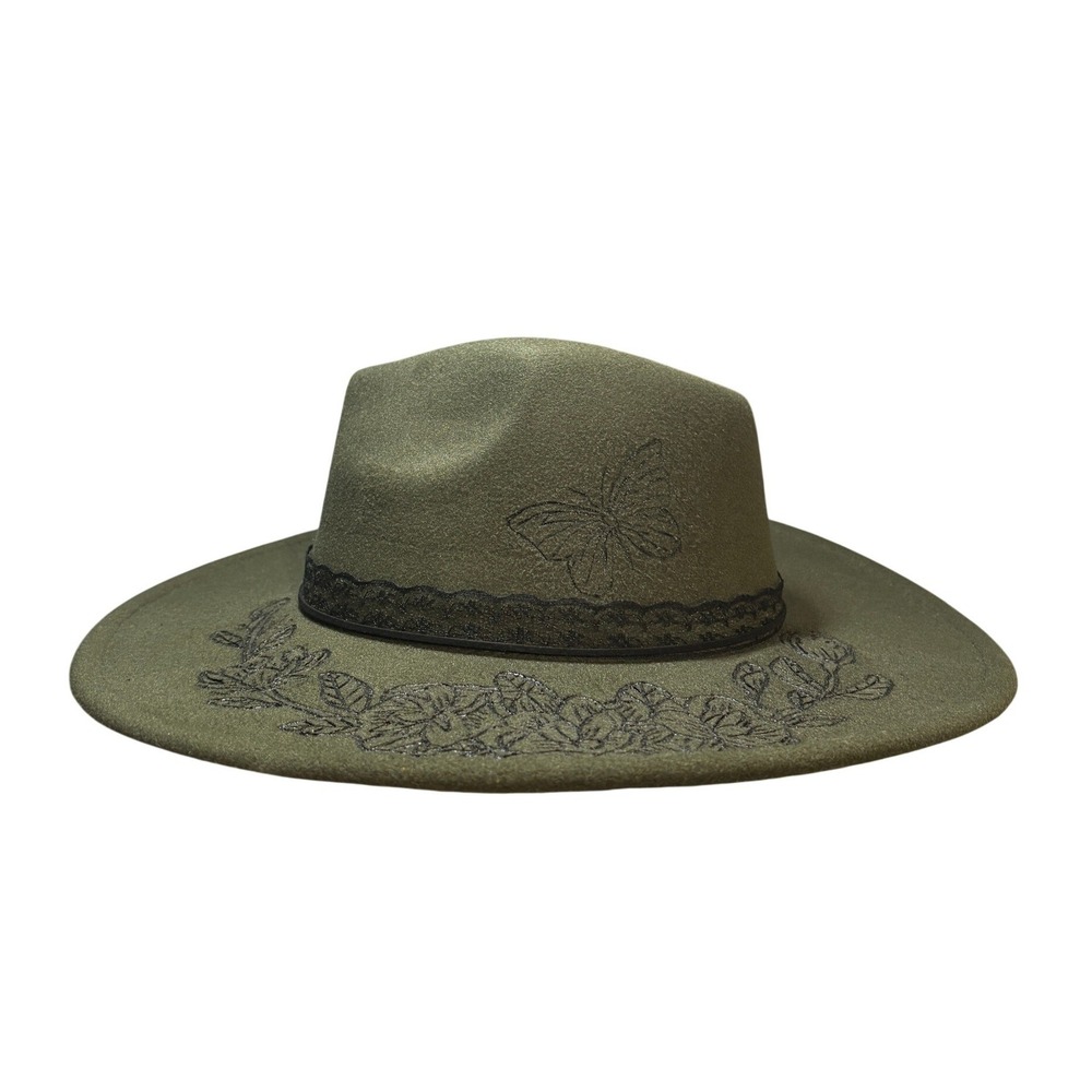 Custom Olive Green Wood Burned Fedora Women One Size Floral Butterfly - Picture 4 of 5
